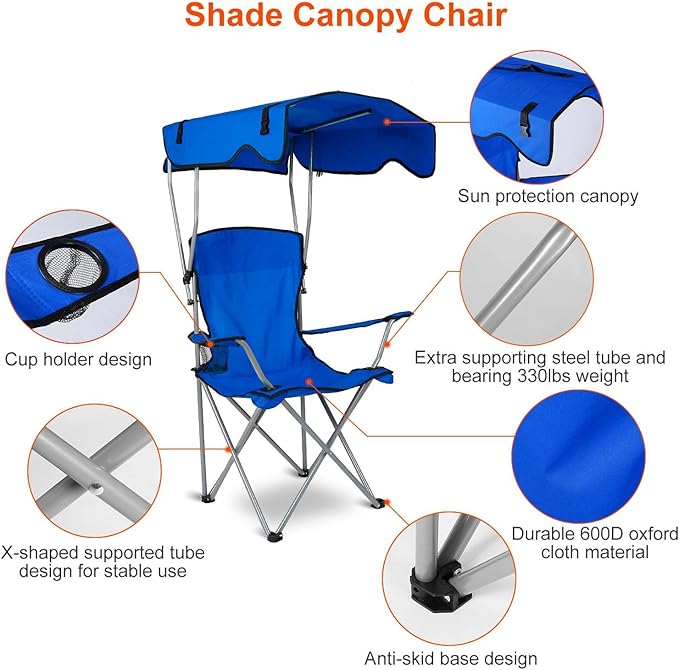 Foldable Beach Canopy Chair Camping Chair Fishing Camp Outdoor Lawn Chair Sun Protection 330LBS Load Folding Camping Canopy Shade Seat with Cup Holder For Beach Poolside Travel Picnic (Blue)