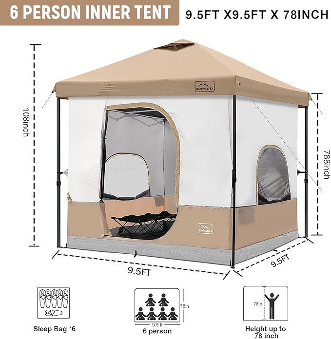 KAMPKEEPER 6 Person Camping Tent 10x10 Pop Up Canopy Tent with Camping Inner Tent Converts 10'x10' Straight Leg Canopy into Camping Tent–Fully Vented Roof(Canopy &amp Frame Included)