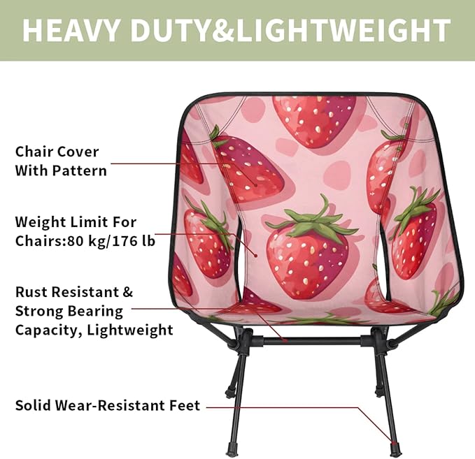 Honeybaby Folding Camping Chair Strawberries Print Camping Chairs Lightweight Portable Chair Outdoor Foldable Chairs for Camping Travel Picnic Beach Hiking