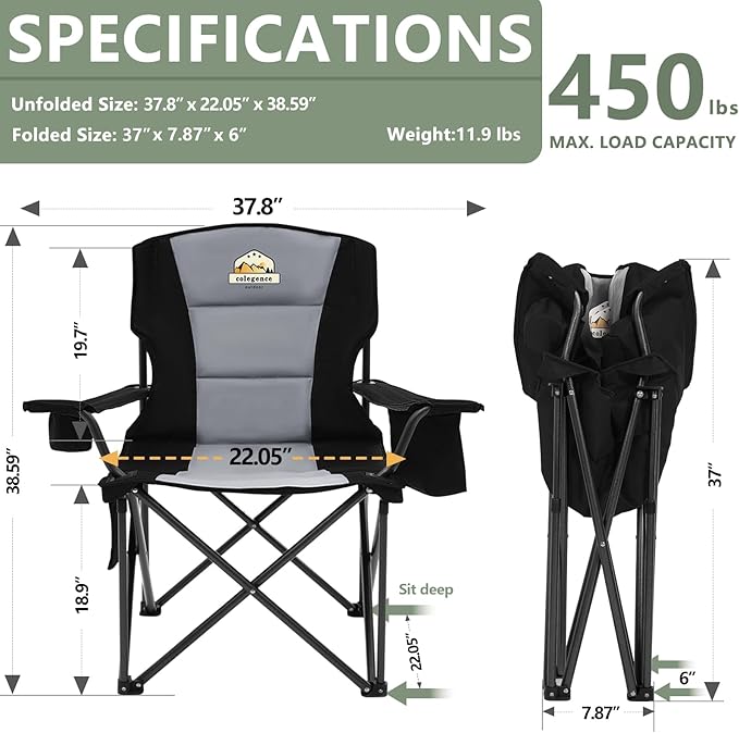 Oversized Folding Camping Chairs - 450 LBS Support Heavy Duty Camp Chair with Padded Cushion Portable Outside Chairs with Carry BagCooler Cup Holder for Outdoor Lawn Sports - Black