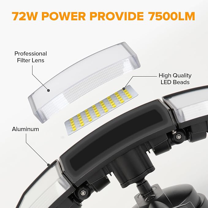 LUTEC 2 Pack 72W 7500LM LED Security Lights Motion Sensor Light Outdoor 5000K Daylight IP65 Waterproof Dusk to Dawn 3-Head Motion Detected Flood Light for Garage Yard Porch(Black)