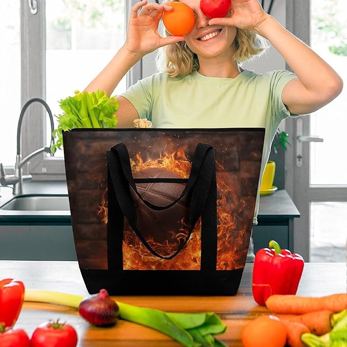 Insulated Shopping BagLarge Reusable Cooler Bags Brick Wall And Burning Basketball Printed Foldable Shopping BagTravel Waterproof Shoulder Bag