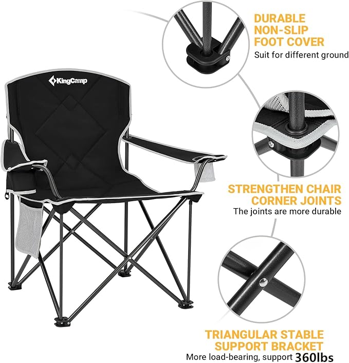 KingCamp Portable Folding Camping Quad Chair Oversized Fully Cushioned Seat with Side Pocket and Cup Holder for Tailgates Beach Lawn