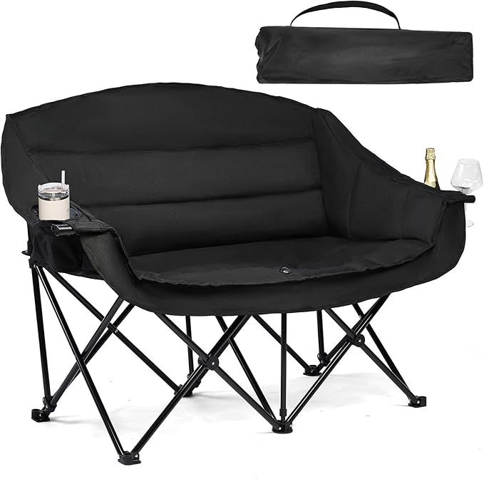 Double Camping Chair Padded Loveseat Chair for 2 Person - Heavy Duty Oversized Camping Couch for Adults Outdoor Sports Lawn Beach Portable Folding XL Chairs with Cup Holders and Carry Bag All Black