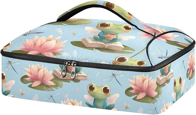 Casserole Carrier Green Frog and FlowersInsulated Casserole Carrier for Hot or Cold Food Thermal Lunch Tote for Potluck Parties Picnic Beach Fits 9 x 13 Inches Baking Dish