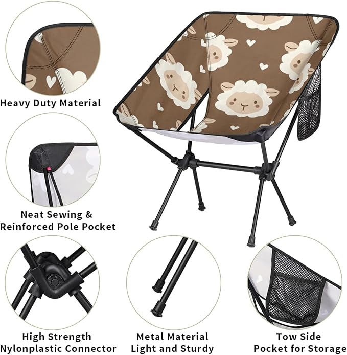 Honeybaby Folding Camping Chair Cute Sheep Heart Camping Chairs Lightweight Portable Chair Outdoor Foldable Chairs for Camping Travel Picnic Beach Hiking