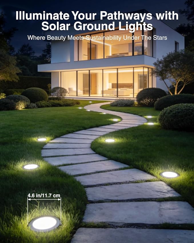 4.6 Inch Solar Ground Lights 12 Pack Solar Lights Outdoor Waterproof Solar Garden Lights Outdoor Landscape Lighting for Pathway Walkway Patio Yard Driveway Cool White