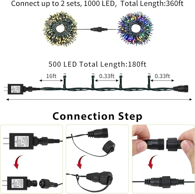 QUWIN Outdoor Christmas String Lights 180Ft 500 LED UL Certified 11 Lighting Modes Indoor &amp Outside Christmas Tree Lights for Christmas Tree Patio Holidays Party ﻿