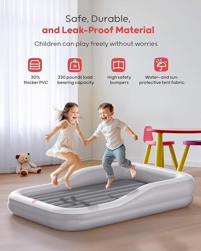 QPAU Inflatable Toddler Travel Bed with Tent Portable Kids Air Mattress with Safety Sides Ideal for Home Grandma's Camping Traveling -Includes Fast Electric Pump