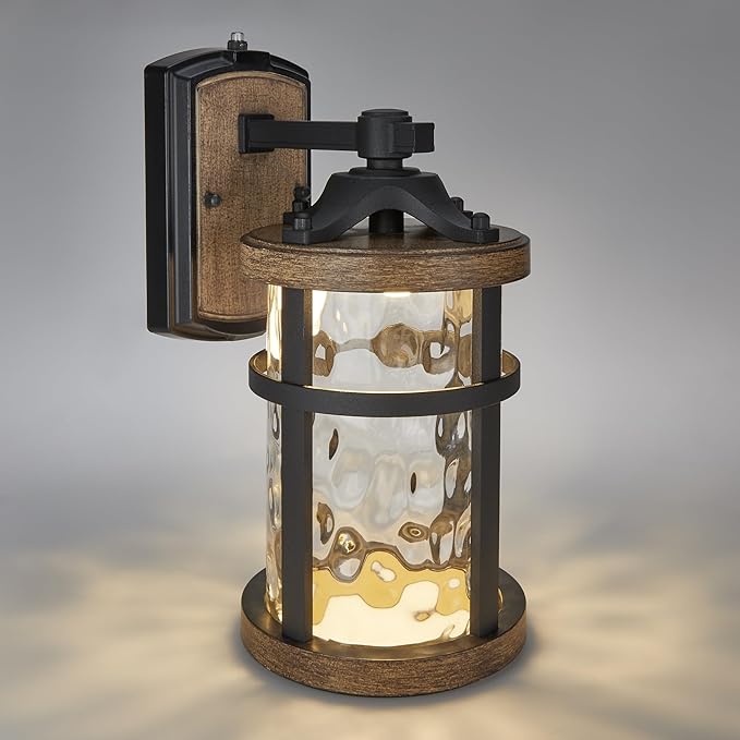 Maxxima LED Outdoor Wall Light Black w/Wood Grain Style Finish Clear Hammered Glass 800 Lumens 3000K Warm White Dusk to Dawn Sensor Farmhouse Wall Mount Sconce Rustic Coach Lantern