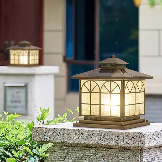 Copper Solar Outdoor Post Lights Vintage Patio Lawn Column Lamp Deck Lights Lantern Fence Lamp Fixture Luxury Landscape Lighting (Solar 12x12in Copper Brown)