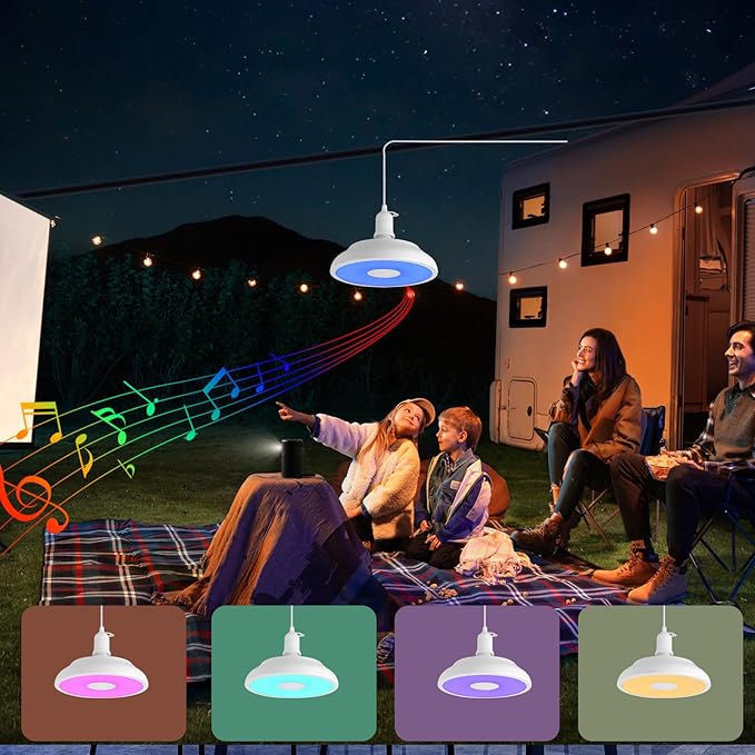 HOREVO Outdoor Plug-in Pendant Light: Modern Farmhouse Hanging Fixture Remote Control Bluetooth Speaker Color-Changing LED - Ideal for Patio Deck Garden and Outdoor Entertaining