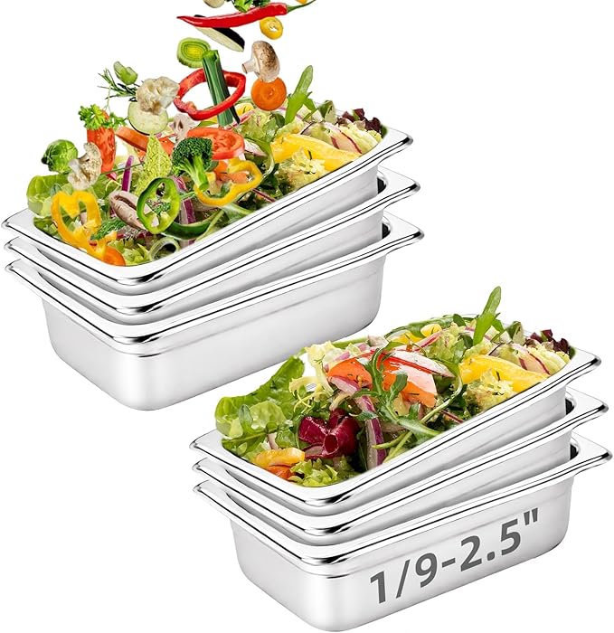 6 Pack 1/9 Size Steam Table Pan Set2.5 Deep Hotel Pans Half Size Anti Jam Stainless Steel Food Pan for RestaurantsCateringHotel BuffetHomeParty