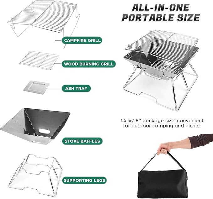 Odoland Folding Campfire Grill 304 Stainless Steel Grate Barbeque Grill Portable Camping Grill with Legs for Picnics Backpacking Outdoor with Carrying Bag and Kitchen Tongs