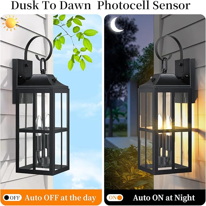 2 Pack 19 Large Outside Modern Wall Sconce Light Fixture Dusk to Dawn Industrial Porch Light Wall Mount with Glass Waterproof Farmhouse Exterior Lamp Lighting Bulbs Included