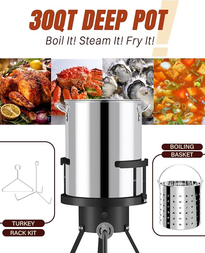 30QT Turkey Fryer with Waterproof Cover | Stainless Steel | Propane Burner | 50000 BTU | CSA Certified | Outdoor Deep Fryers with Basket | Ideal for Turkey Frying &amp Seafood Boil