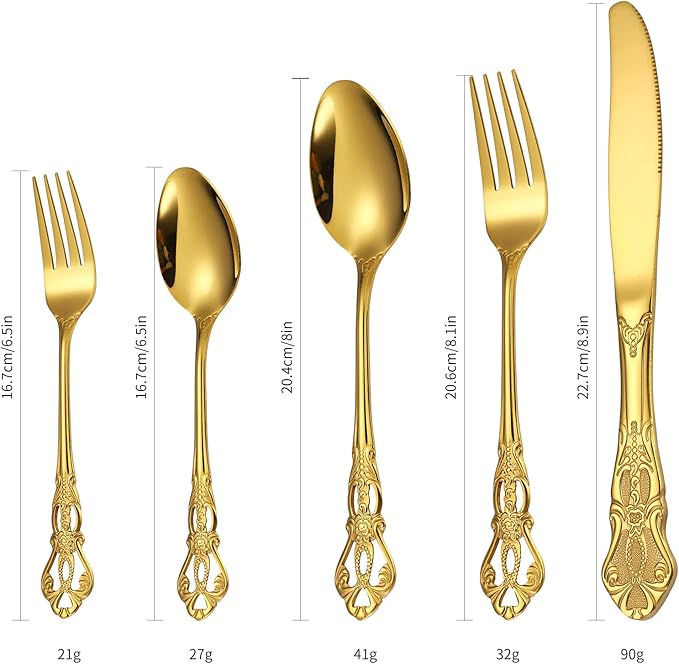 Retro Silverware Gold Set for 4 Stainless Steel Flatware Royal 20 Piece Cutlery Sets Knives Spoons Forks Vintage Hollow Relief Design Durable Festival Parties Daily Kitchen Utensils