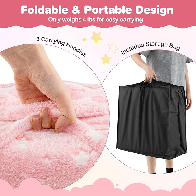 Costzon Foldable Pink Floor Mattress for Kids Glow in The Dark Toddler Floor Nap Mat w/Flannel Cover Tri-Folding Children Floor Bed for Sleeping Daycare Playroom School Kindergarten or Nursery
