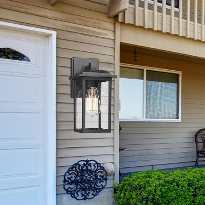 Outdoor Wall Sconce 1 Pack Exterior Light Lantern Fixture Porch Lights Lamp Outdoor Wall Mounted in Black Finish with Seeded Glass for House Garage Patio Yard Garden
