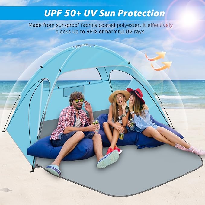 Beach Tent Sun Shelter Beach Shade Tent with UPF 50+ UV Protection for 2-3 Person Portable &amp Easy Setup Cabana Beach Tent 3 Roll Up Doors &amp 8mm Fiberglass Rods Carry Bag Included