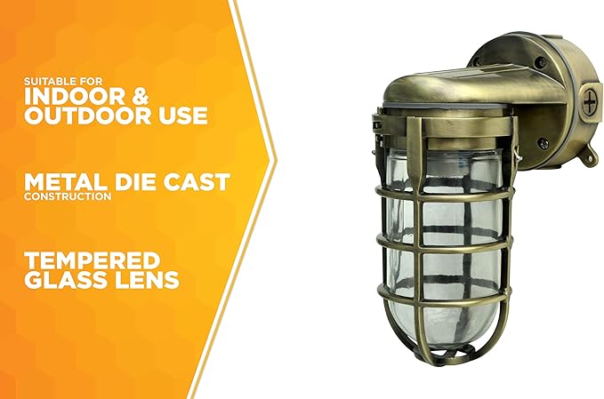 Woods L1707SVAB Traditional 100W Incandescent Weather Industrial Light Suitable for Indoor and Outdoor Use Wall Mount Metal Die Cast Construction and Tempered Glass Lens Antique Brass