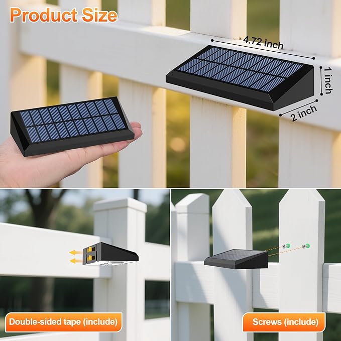 Solar Fence Lights Outdoor Waterproof IP65 8 Pack Fence Lights Solar Powered 60 Lumens Auto On/Off Step Wall Lights Outside Decorations for Yard Porch Patio Stairs Pool Deck Garden-White Light