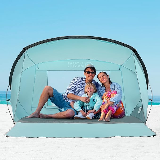 OutdoorMaster Beach Tent for 3-4 Person - Easy Setup and Portable Beach Shade Sun Shelter Canopy with UPF 50+ UV Protection Removable Skylight Family Size-Light Green