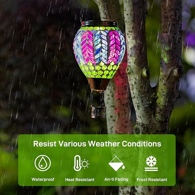 Mosaic Hot Air Balloon Solar Lanterns Outdoor Waterproof Colorful Glass Solar Hanging Lantern Lights for Garden Patio Yard Gifts for Women Mom Grandma