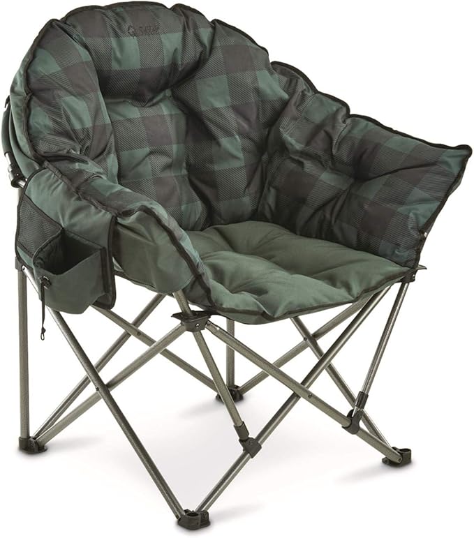 Guide Gear Club Camping Chair Oversized Portable Folding with Padded Seats 500-lb. Capacity Green Plaid