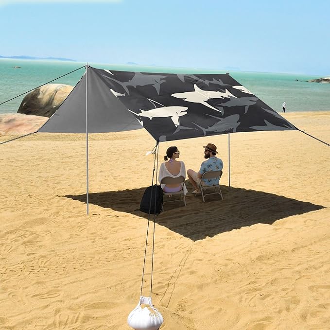 Grey White Shark Dark Camping Sun Shelter Beach Tent Portable Beach Sun Shade Outdoor Canopy for Camping Trips Fishing Picnic