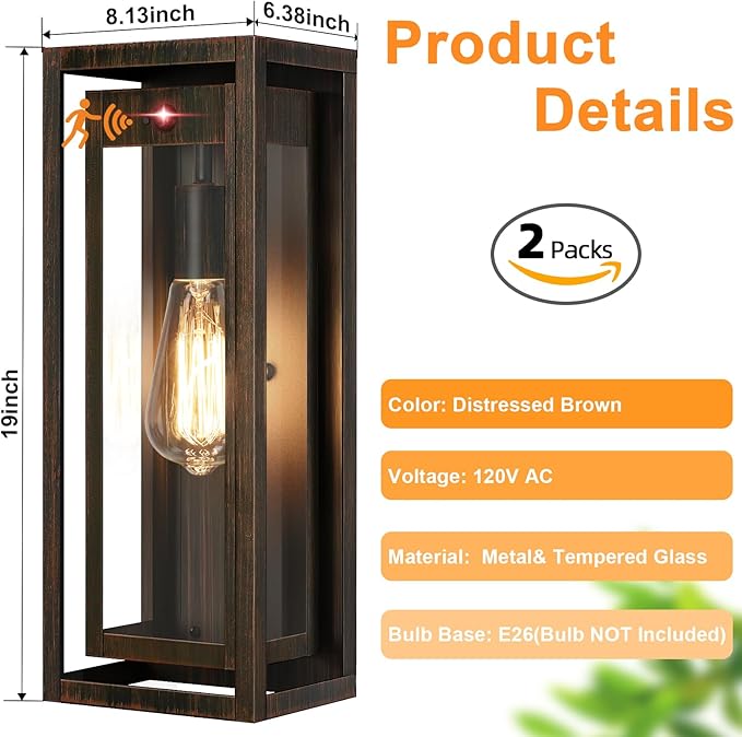 15 Motion Sensor Classic Outdoor Light Fixture Wall Mount 3 Lighting Modes Waterproof Anti-Rust Wall Sconces 2 Pack Exterior Lighting Fixtures for Front Door Porch Garage