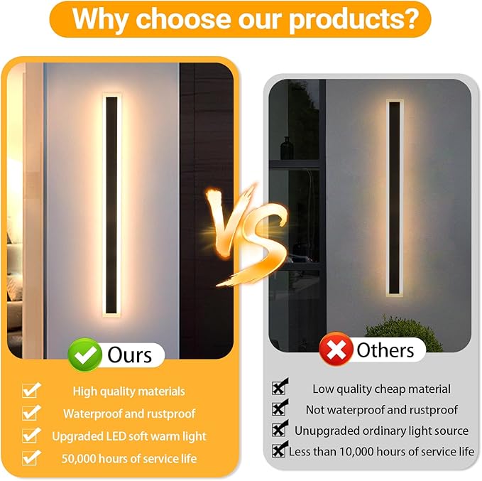 2 Pack 47 Inch Long Outdoor Wall Lights 3000K Black Exterior Light Fixtures Wall Mount Modern Porch Lights Wall Sconce Long LED Modern Outdoor Exterior for House Front Door
