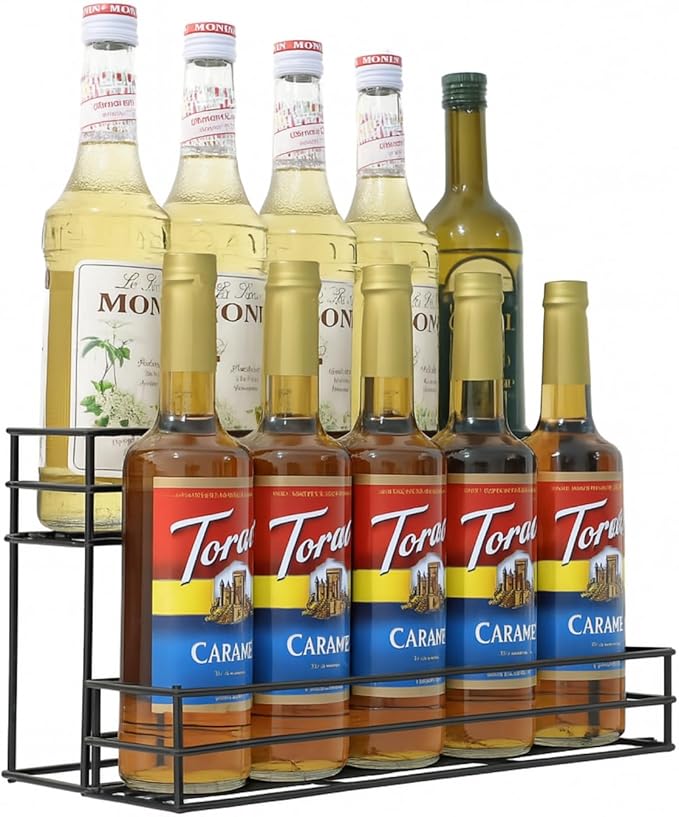 Coffee Syrup Rack &amp Syrup Holder – Loved by 5000+ Coffee Fans! 2-Tier Rustproof Rack Fits 750ml Torani &amp Monin Bottles Holds 10 Elevate Coffee Bars Kitchens Pubs Restaurants &amp Parti