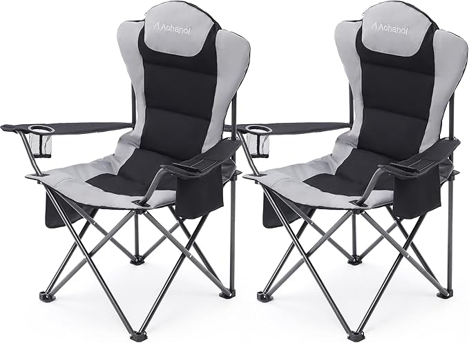 2 Pack Camp Chairs for Heavy People Outdoor Folding Camping Chairs with Cup Holder &amp Cooler Bag for Outside Supports up to 300lbs (2 Pcs Black)