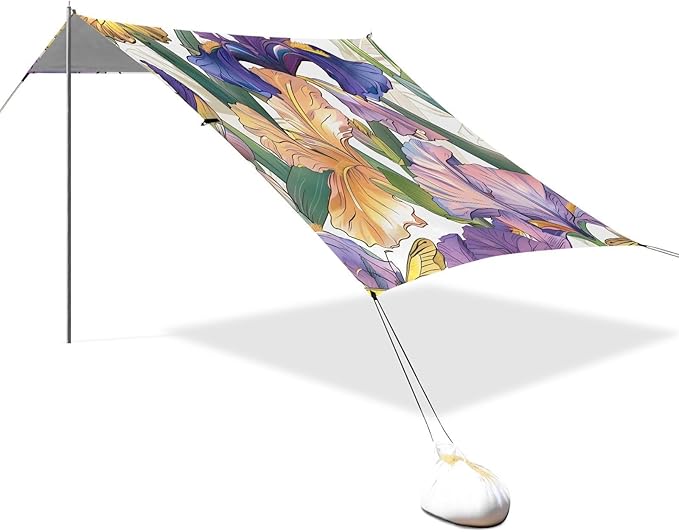 ALAZA Iris Flower Floral Butterfly Beach Tent Sun Shelter UPF50+ Protection Beach Shade Canopy w/ 4 Sandbags for Outdoor Camping Fishing Backyard Fun Picnic 10x9 ft