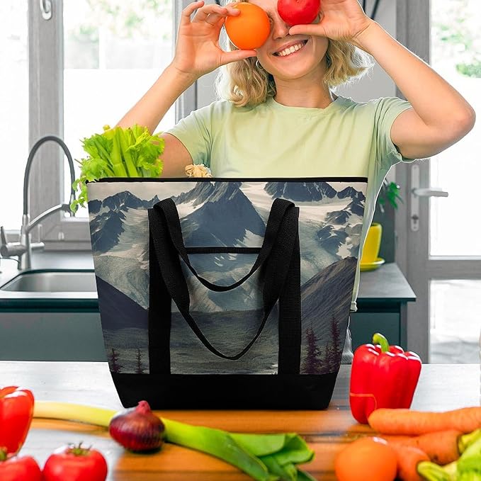 Insulated Shopping BagLarge Reusable Cooler Bags Alaska Mountains Printed Foldable Shopping BagTravel Waterproof Shoulder Bag