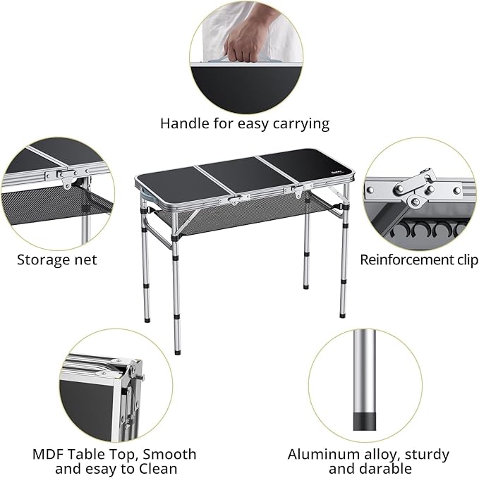 Anbte Folding Camping Table with Storage Net 3ft Camping Table Aluminum Folding Table with 3 Adjustable Height Max 27.1 Inch Picnic Table Portable Table for Outdoor Backyard BBQ Black