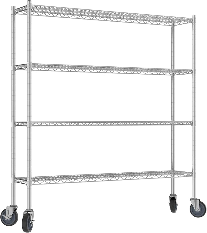 Commercial NSF Listed Chrome Mobile Wire Shelving Kit 12 x 54 x 60 with 4 Shelves Perfect for Warehouse Walk-in Refrigerator Freezer Grocery Store Restaurant Dishroom