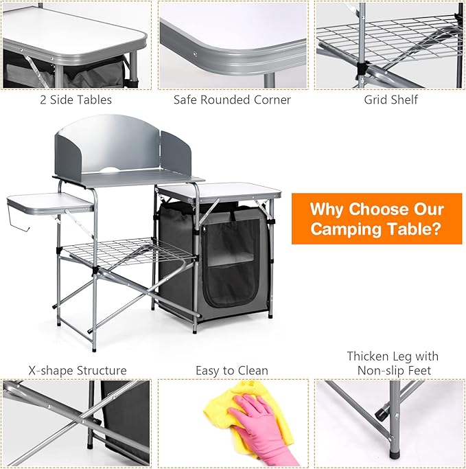 Giantex Folding Grill Table with 26'' Tabletop and Detachable Windscreen Aluminum Portable Camp Cook Station Carry Bag Quick Set-up BBQ Camping Picnic Backyard Outdoor Camping Kitchen Table (Grey)
