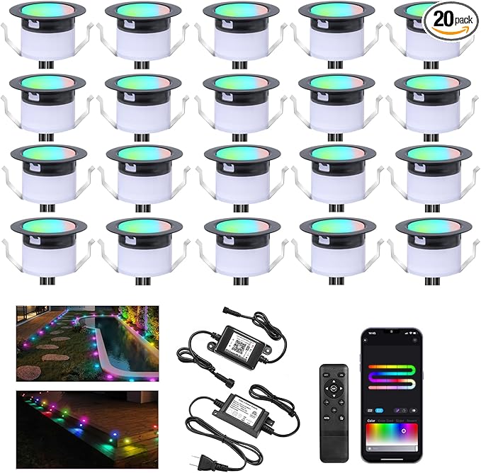 Recessed Step Lights RGBW+IC Led Lights Outdoor Waterproof IP67 1.22 Deck Lighting Wi-Fi Deck Stair Light DC12V Low Voltage Music Sync 20 Pack