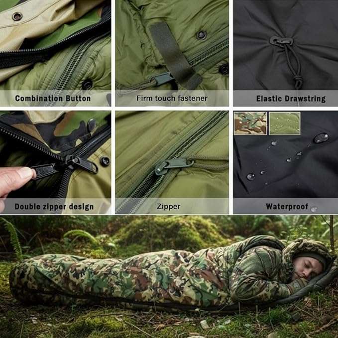 Macarrie Army Modular Military Sleeping Bag System for Adults Camo Thickened Multi Layered MSS Mummy Shaped Sleeping Bag with Bivy Cover for Winter Camping Gear