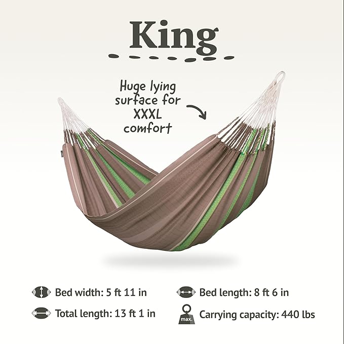 LA SIESTA Flora Classic Cotton Hammock with TreeMount &amp Straps - Extra Large Patio &amp Indoor / Outdoor Hammock Bed 2 Person King Size Chocolate