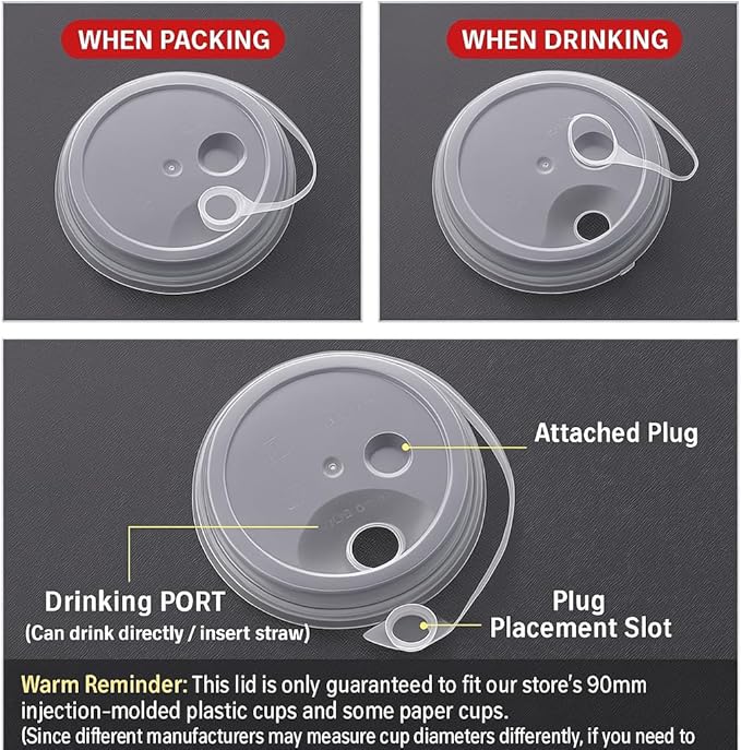 Darong 1000 PCS Frosted Premium 90mm PP Plastic Cup Lids with Attached Stopper Flat Lid for 16oz–32oz Injection PP Cups Recyclable Disposable Drink Cup Lids – Case of 1000