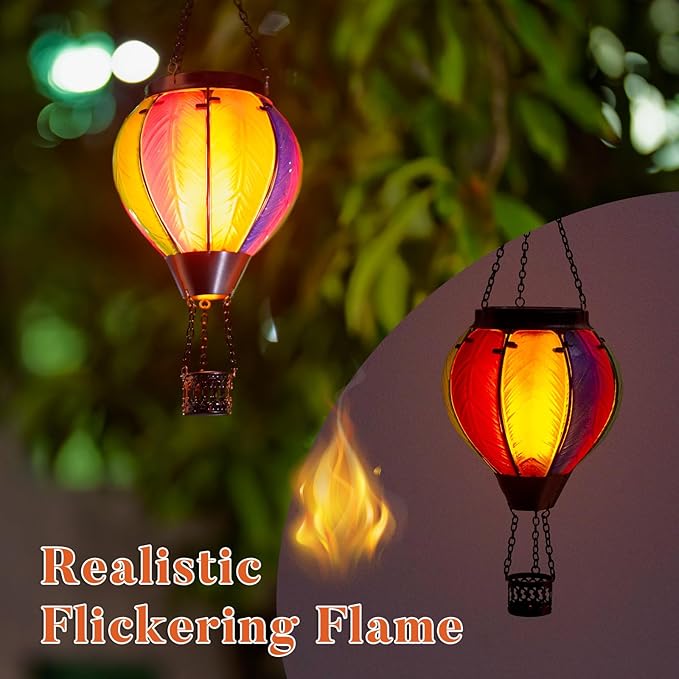 Solar Hot Air Balloon Lantern with Flame Outdoor Lights Solar Lantern Gardening Gifts for Mom Grandmom Hanging Hot Air Balloon Lights Outdoor Waterproof Decor for Patio