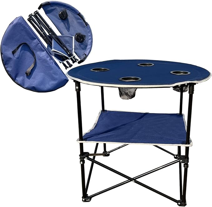 Camping Table &amp Beach Table – Portable 2-Tier Foldable Table with 4 Cup Holders &amp Carry Bag Lightweight Waterproof Oxford Fabric for Outdoor Adventures Picnic Tailgating and Fishing