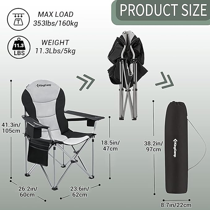 KingCamp Oversized Camping Folding Chair with Lumbar Support Heavy Duty Ergonomic Padded Arm Chair with Cooler Bag Cup Holder Portable for Outdoor