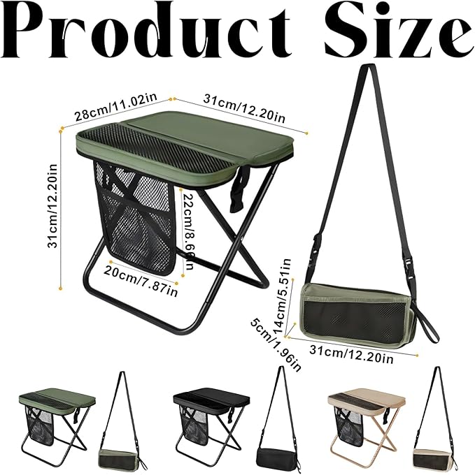 Portable Folding Camping Stool With Shoulder Strap Small Folding Stool For Adults Ultra-Thin Portable Folding Stools With Side Pocket Mesh Collapsible Seat For Outdoor Fishing Hiking (A)
