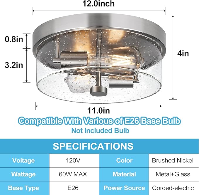 Flush Mount Ceiling Light Fixtures 2-Light 12 Inch Brushed Nickel Close to Ceiling Light Fixtures with Seeded Glass Shade Ceiling Light Fixture for Porch Hallway Bathroom Dining Room and Foyer