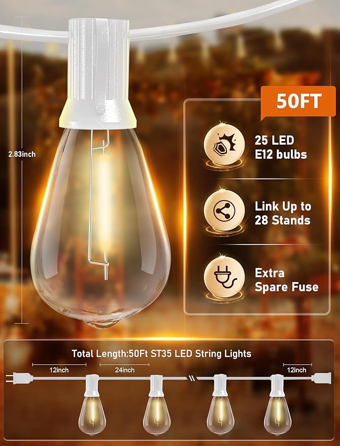 50FT LED Outdoor String Lights with 27 Shatterproof ST35 Bulbs Connectable Outdoor Patio Lights for Wedding Porch Balcony Decor White Wire