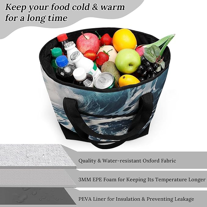 Insulated Shopping BagLarge Reusable Cooler Bags Beach Foam Wave Printed Foldable Shopping BagTravel Waterproof Shoulder Bag